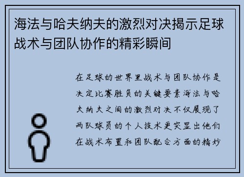 海法与哈夫纳夫的激烈对决揭示足球战术与团队协作的精彩瞬间